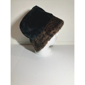 Women's Winter Black Plush Leopard Rim Print Faux Fur‎ Fuzzy Warm Bucket Hat 90s
